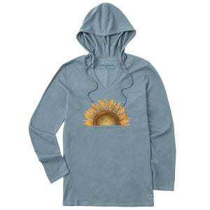 Life is Good Women's Sunflower Dew Peace On Earth LS Crusher Hooded Tee, Smoky Blue