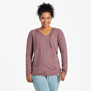 Life is Good Women's Sunflower LS Striped Hooded Tee, Mahogany Brown