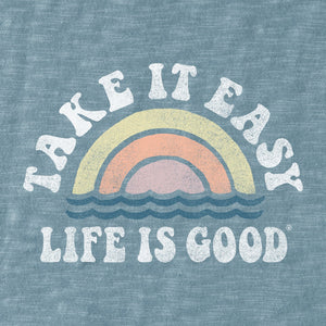 Life is Good. Women's Take It Easy Rainbow Waves Textured Slub Tank, Smoky Blue