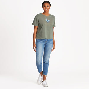 Life is Good Women's Butterfly Flutter Crusher SS Boxy Tee, Moss Green