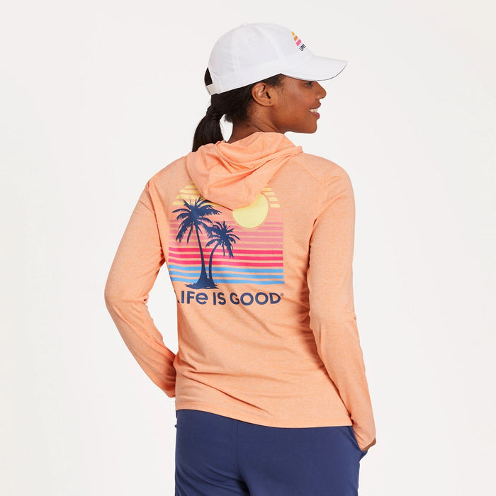 Life is Good. Women's Arched Palm And Sun LS Hooded Active Tee, Canyon Orange