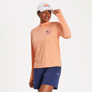 Life is Good. Women's Arched Palm And Sun LS Hooded Active Tee, Canyon Orange