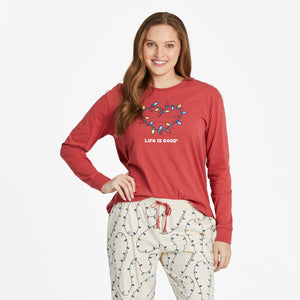 Life Is Good. Women's Holiday Lights Heart LS Relaxed Sleep Tee, Faded Red
