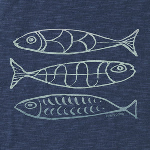 Life Is Good. Men's Three Magic Fish Textured Slub Tee, Darkest Blue
