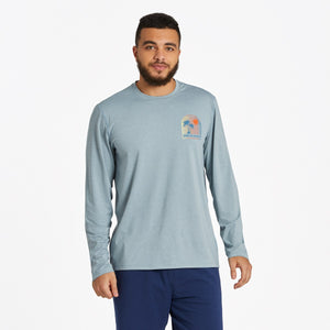 Life Is Good. Men's Arched Palm and Sun LS Active Tee, Smoky Blue