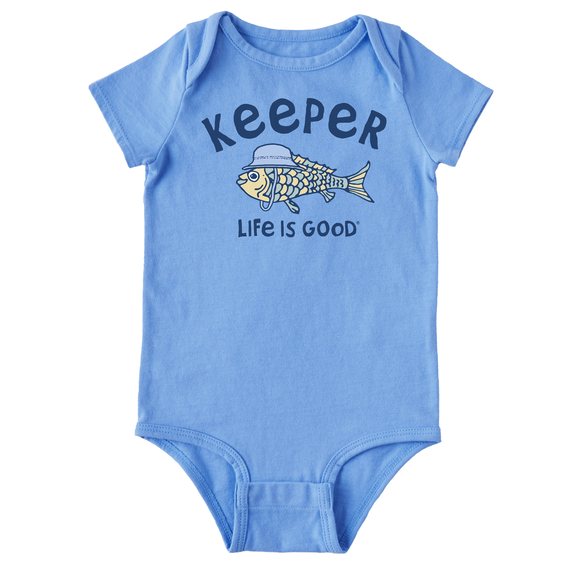 Life is Good. Baby Keeper Fish Hat Crusher Bodysuit, Cornflower Blue