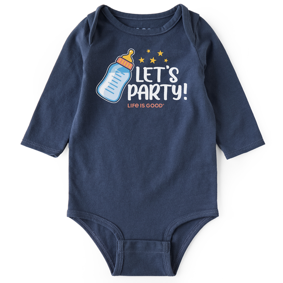 Life is Good. Baby Naive Let's Party Milk Bottle Long Sleeve Crusher Bodysuit, Darkest Blue