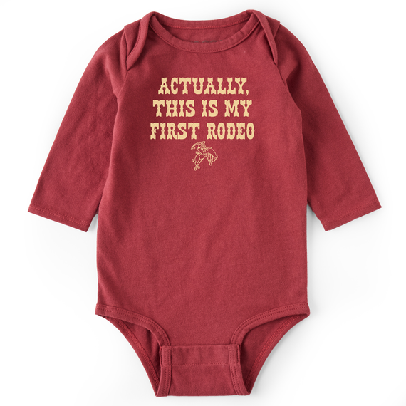 Life is Good. Baby Woodcut First Rodeo Long Sleeve Crusher Bodysuit, Cranberry Red