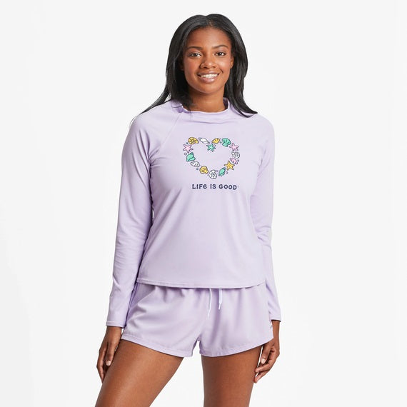 Life is Good. Women's Seashells Heart Long Sleeve Rashguard, Lilac Purple