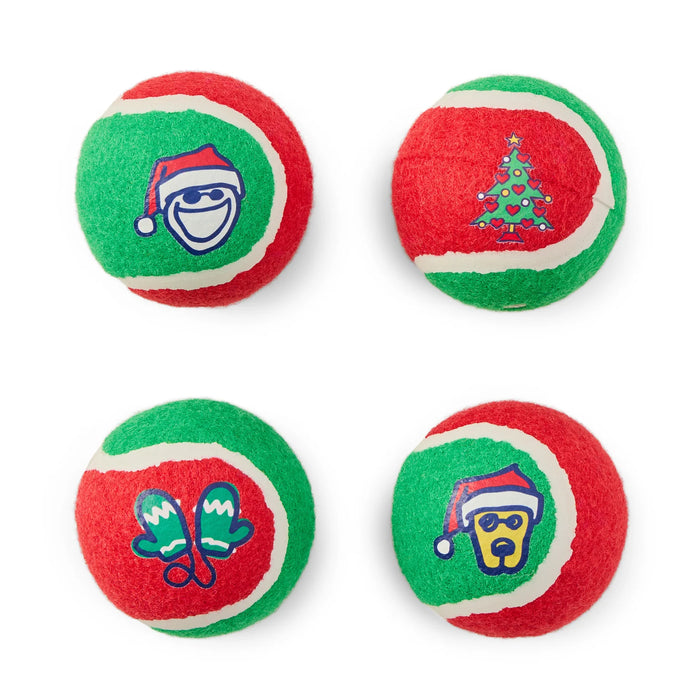Life is Good. Christmas Cheer 4-Pack Squeaker Tennis Ball Set