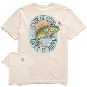 Life is Good. Men's Fineline Keep It Reel Bass Crusher Tee, Putty White