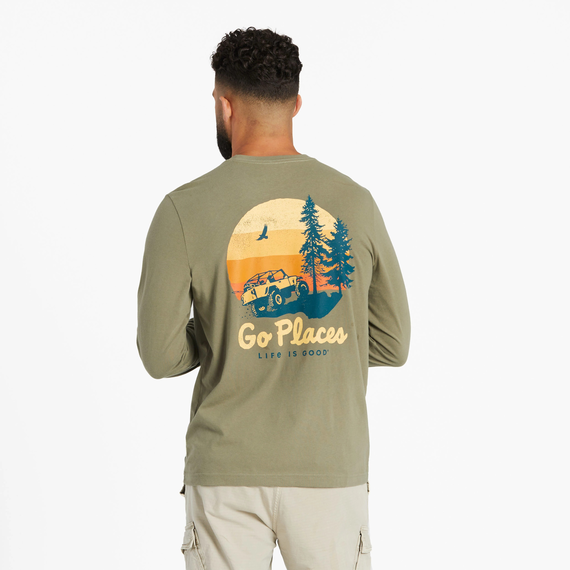 Life is Good. Men's Go Places Long Sleeve Crusher Tee, Moss Green