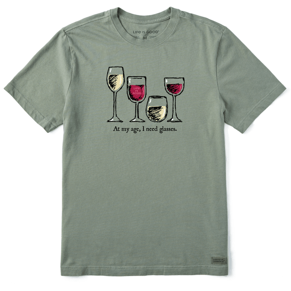 Life is Good. Men's I Need Wine Glasses Crusher Tee, Moss Green