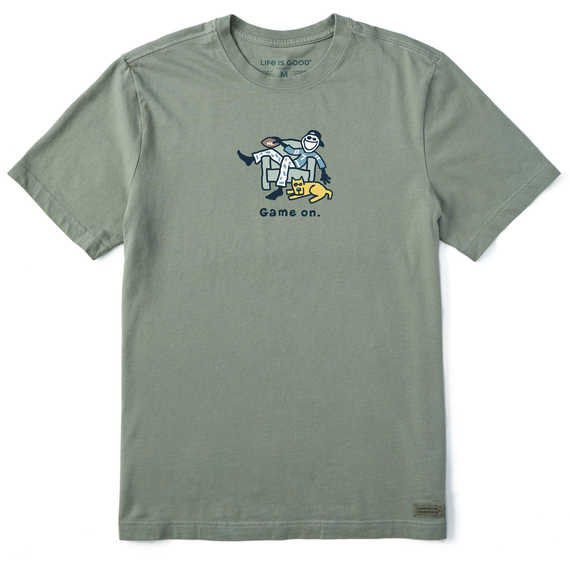 Life is Good. Men's Jake and Rocket Game On Football Crusher Tee, Moss Green