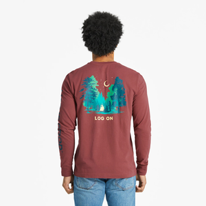 Life is Good. Men's Log On Campfire Long Sleeve Crusher-Lite, Cranberry Red