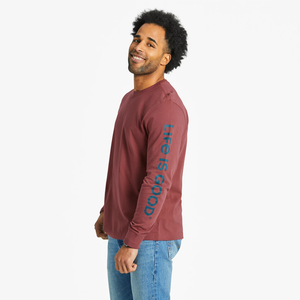 Life is Good. Men's Log On Campfire Long Sleeve Crusher-Lite, Cranberry Red