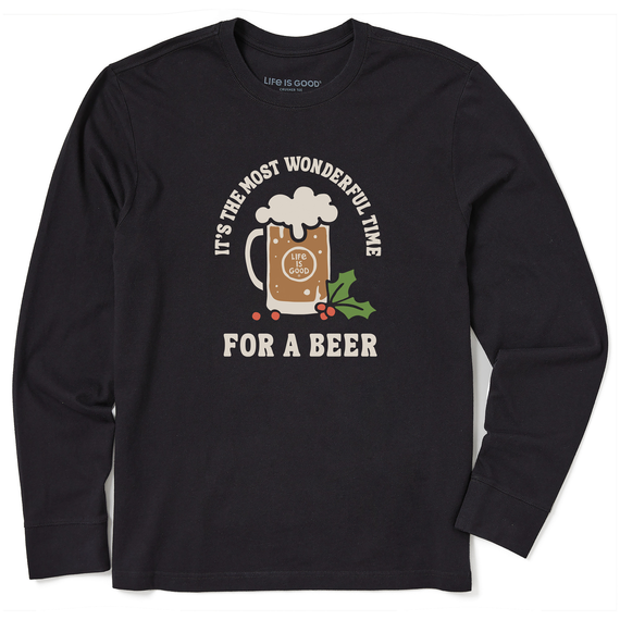 Life is Good. Men's Most Wonderful Time for a Christmas Beer Long Sleeve Crusher Tee, Faded Black