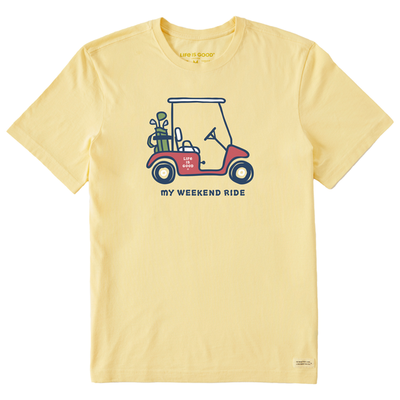 Life is Good. Men's My Weekend Ride Golf Cart Crusher Tee, Sandy Yellow