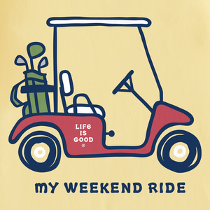 Life is Good. Men's My Weekend Ride Golf Cart Crusher Tee, Sandy Yellow