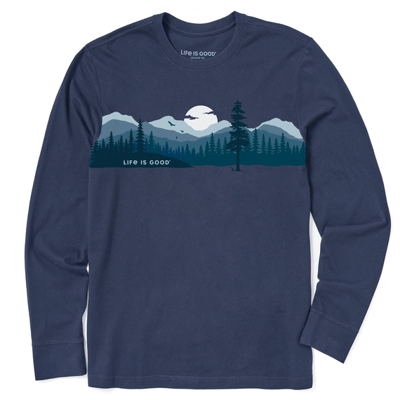 Life is Good. Men's Outdoor Mountain Landscape LS Crusher-Lite Tee, Darkest Blue