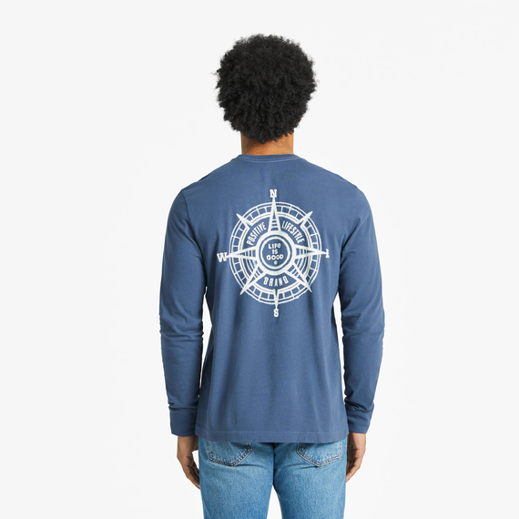 Life is Good. Men's Positive Compass Long Sleeve Crusher-LITE Tee, Darkest Blue