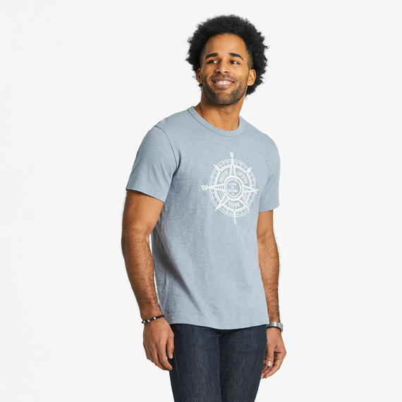 Life is Good. Men's Positive Compass Textured Slub Tee, Stone Blue