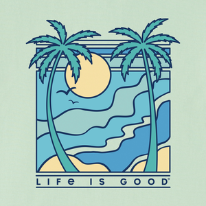 Life is Good. Men's Retro Palms Scene Long Sleeve Crusher Tee, Sage Green