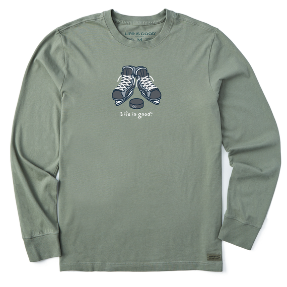 Life is Good. Men's Skates and Puck Long Sleeve Crusher Tee, Moss Green