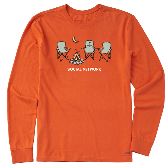 Life is Good. Men's Social Network Camp Long Sleeve Crusher Tee, Nomadic Orange