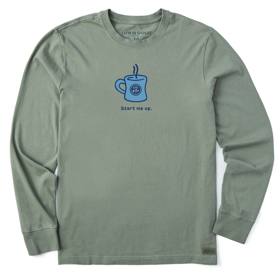 Life is Good. Men's Start Me Up Long Sleeve Crusher Tee, Moss Green