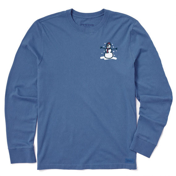 Life is Good. Men's Tiny Little Snowman Long Sleeve Crusher Tee, Vintage Blue