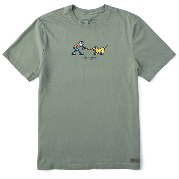 Life is Men's Vintage Jake and Rocket Tug of War Short Sleeve Crusher Tee, Moss Green