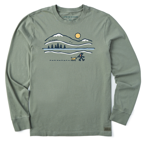 Life is Good. Men's Winter Lake Walk Long Sleeve Crusher Tee, Moss Green