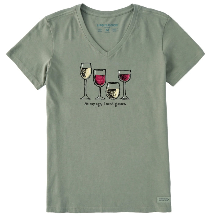 Life is Good. Women's I Need Wine Glasses Crusher Vee, Moss Green