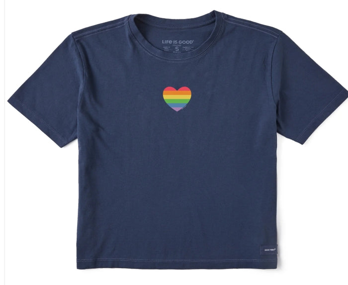 Life is Good. Women's Rainbow Pride Heart Crusher Boxy Tee, Darkest Blue