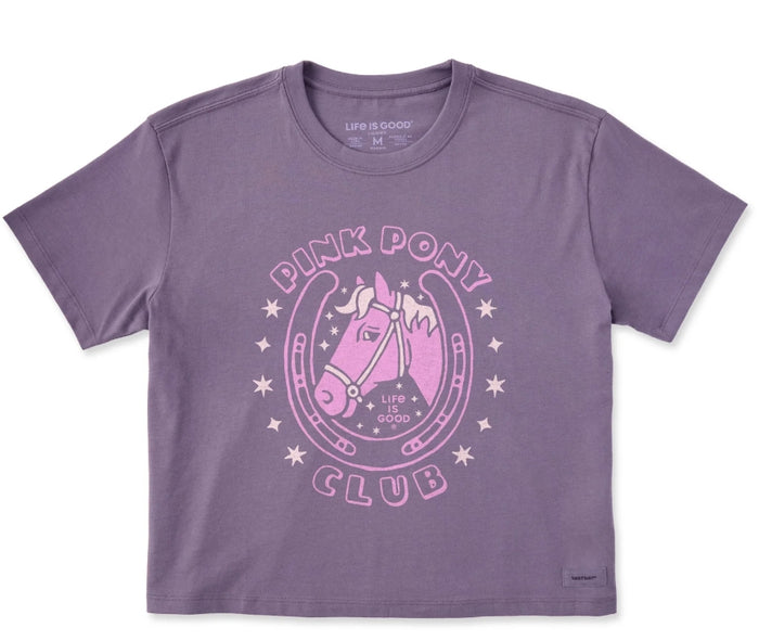 Life is Good. Women's Pink Pony Club Boxy Crusher Tee, Dusk Purple