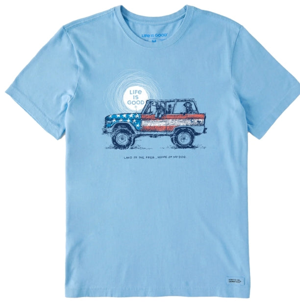 Life is Good. Men's Land of the Free, Home of My Dog Crusher Tee, Cool Blue