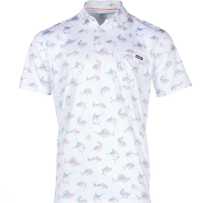 Salt Life. Men's Fish N' Bones Americana Polo, White