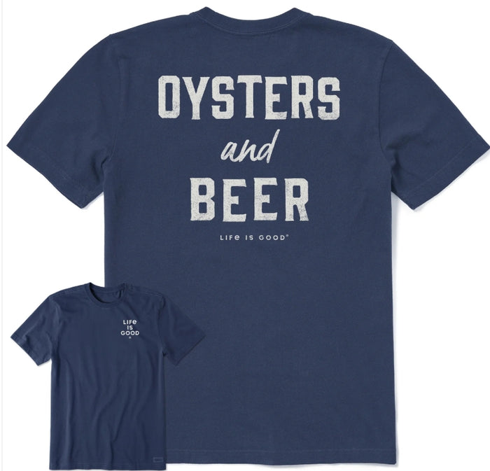 Life is Good. Men's Oysters and Beer Crusher Tee, Darkest Blue