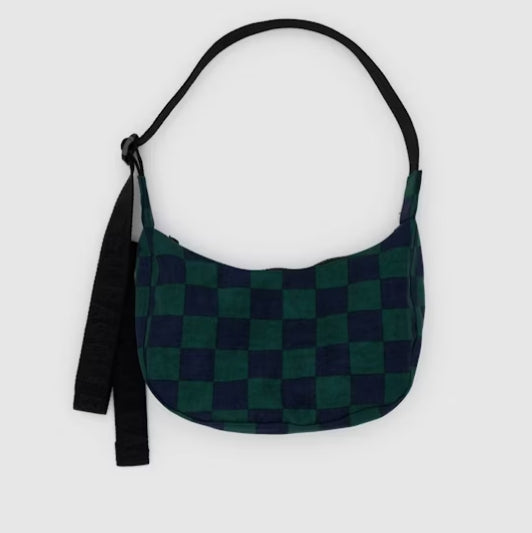 Baggu. Small Nylon Crescent Bag, Navy Green Check