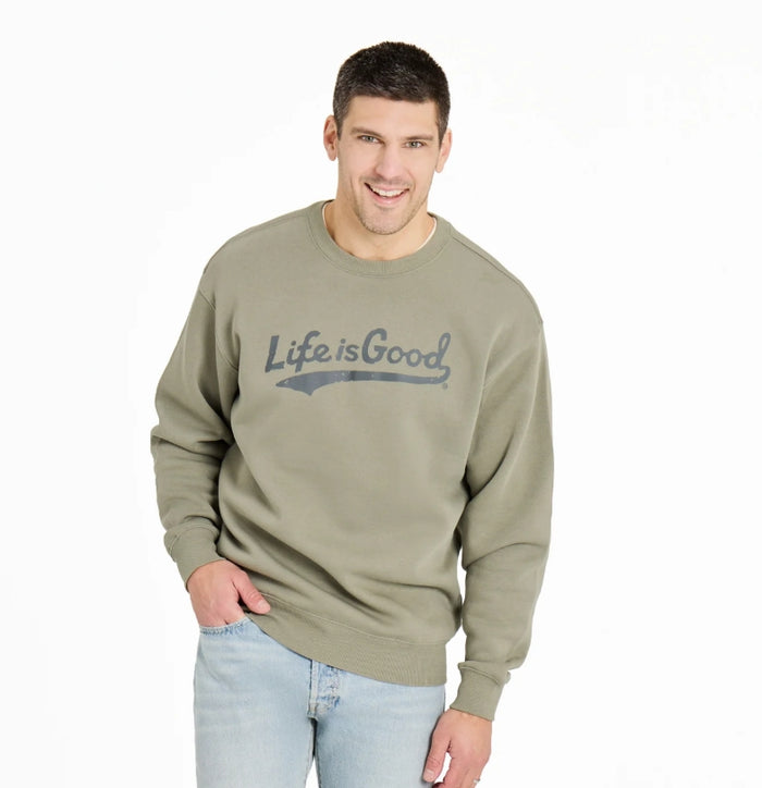 Life is Good. Men's Tonal LIG Ballyard Script Fleece Crew in Moss Green