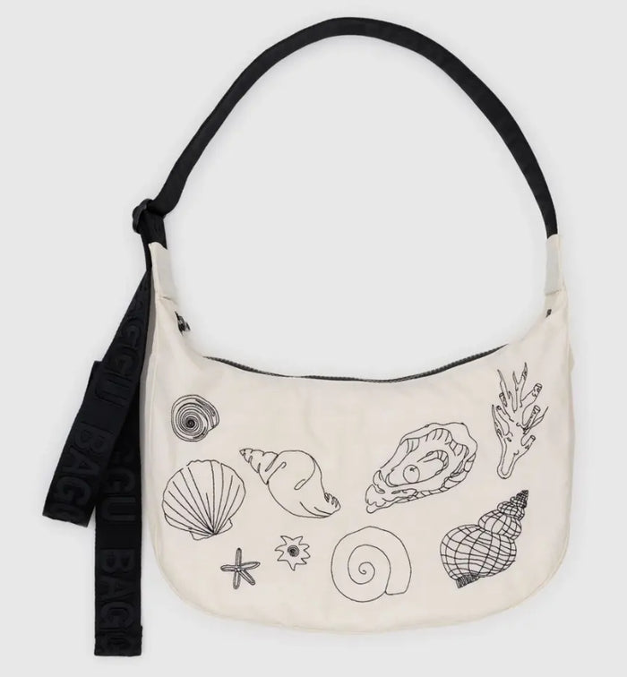 Baggu. Embroidered Shells Medium Nylon Crescent Bag