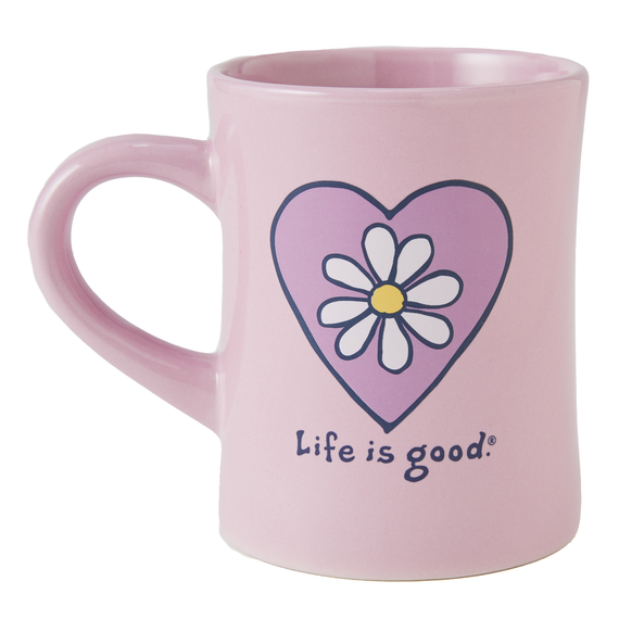 Life is Good. Simple Daisy Heart Diner Mug, Violet Purple
