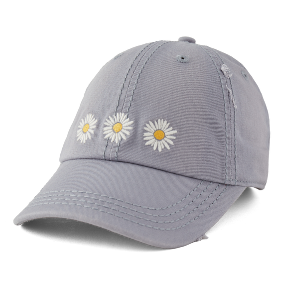 Life is Good. Three Painted Daisies Sunwashed Chill Cap, Stone Blue