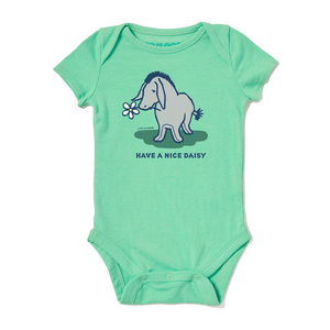 Life is Good. E Have a Nice Daisy Crusher Baby bodysuit, Spearmint Green