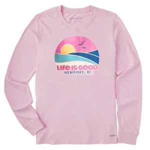 Life is Good. Women's Newport RI Ocean Sun Long Sleeve Crusher Tee, Seashell Pink