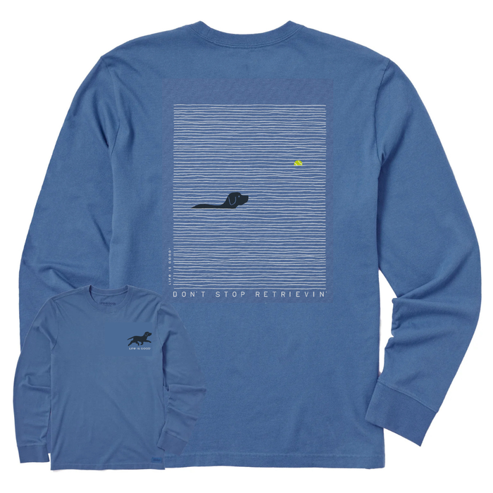 Life is Good. Men's Black Lab Retrievin' Long Sleeve Crusher Tee, Vintage Blue