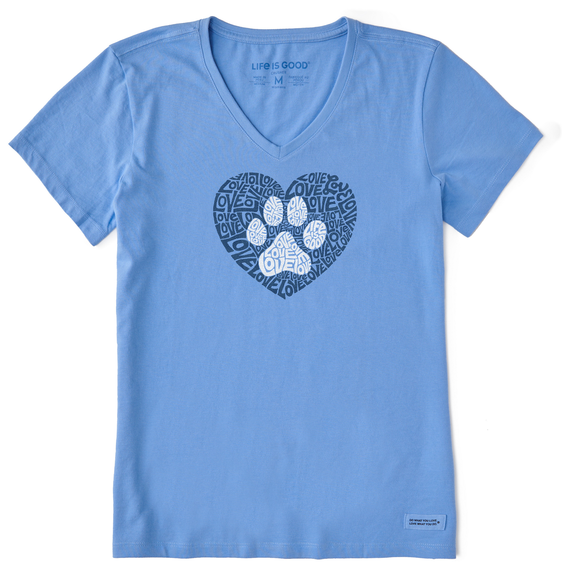 Life is Good. Women's Animal Heart Short Sleeve Crusher Vee, Cornflower Blue