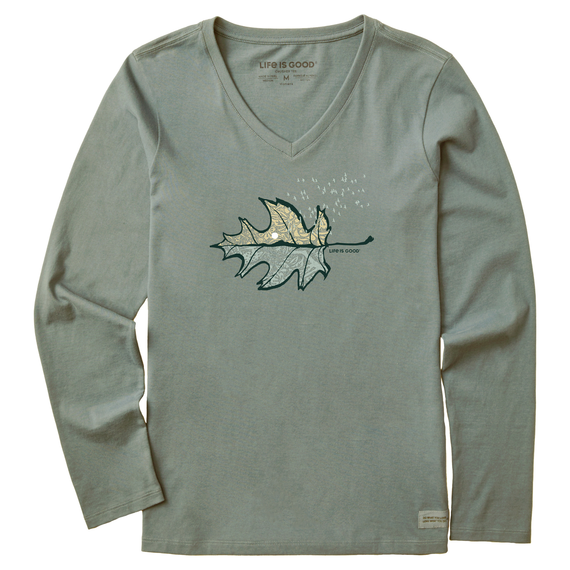 Life is Good. Women's Autumn Leafscape Long Sleeve Crusher Vee, Moss Green