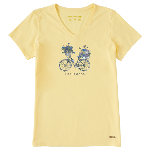 Life is Good. Women's Bike Flower Baskets Short Sleeve Vee, Sandy Yellow